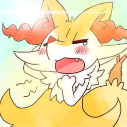 ambiguous_anthro ambiguous_gender anthro biped blush bodily_fluids cute_fangs emanata eyes_closed fangs food front_view lens_flare object_in_tail open_mouth shrimp_(food) simple_background snout solo standing tail tears teeth waking_up yawn annyui0611 nintendo pokemon braixen canid generation_6_pokemon mammal pokemon_(species) 1:1 2022 digital_drawing_(artwork) digital_media_(artwork) half-length_portrait hi_res japanese_description portrait translated_description