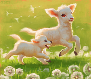 black_nose dandelion duo feral field flower fur grass mouth_closed open_mouth plant quadruped running short_fur side_by_side size_difference white_body white_fur young alexpahomov bovid canid canine canis caprine domestic_dog great_pyrenees livestock_guardian_dog mammal molosser mountain_dog pastoral_dog sheep 2025 digital_media_(artwork) digital_painting_(artwork) painting_(artwork)
