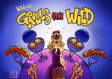 1990s_theme alcohol anthro beer beverage burger cutlery food fork grill hot_dog kitchen_utensils male nude obscured_penis solo suds title_card tools bayou_beaver kon_shearo bird_dog canid canine canis domestic_dog golden_retriever hunting_dog mammal retriever absurd_res hi_res