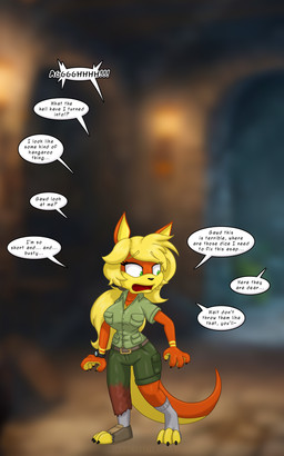 after_transformation anthro blonde_hair blurred_background breasts clothing dialogue female hair offscreen_character open_mouth ponytail shirt shocked solo standing tail text topwear torn_clothing runningtoaster jak_and_daxter naughty_dog sony_corporation sony_interactive_entertainment mammal mustelid ottsel 2025 5:8 digital_media_(artwork) english_text hi_res
