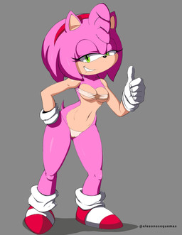accessory anthro bikini breasts camel_toe clothing cosplay female footwear gesture gloves green_eyes hair_accessory hairband hand_gesture handwear pink_body shoes smile smiling_at_viewer smirk smirking_at_viewer solo string_bikini swimwear tail tan_body tan_skin thong thumbs_up two-piece_swimsuit underwear elesonosequemas sega sonic_the_hedgehog_(series) amy_rose eulipotyphlan hedgehog mammal hi_res