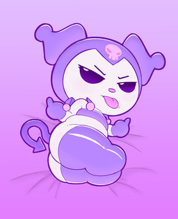 anthro clothing dakimakura female gesture gloves hand_gesture handwear legwear looking_at_viewer middle_finger skull_symbol smug solo stockings tongue tongue_out topwear tube_top henchrat_(artist) onegai_my_melody sanrio kuromi hi_res