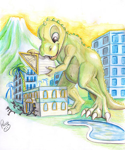 anthro belly big_belly fangs giant_cub glistening glistening_eyes green_body group logo macro male nude open_mouth open_smile outside palm_tree plant red_tongue semi-anthro silhouette smile teeth tongue toony tree young young_anthro young_male pandapaco dinosaur prehistoric_species reptile scalie artist_logo signature traditional_media_(artwork)