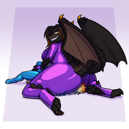 anthro big_breasts big_butt black_hair blue_latex blush breasts brown_body butt butt_expansion claws clothing colored_nails duo ear_piercing expansion facesitting gynomorph hair horn intersex larger_gynomorph larger_intersex latex latex_clothing latex_skinsuit male membrane_(anatomy) membranous_wings multicolored_hair nails orange_claws orange_eyes orange_hair orange_hair_tips orange_nails piercing purple_latex rainbow_hair sharp_teeth sitting sitting_on_another size_difference skinsuit smile smothering teeth tight_clothing touching_bulge two_tone_hair wing_claws wings krd friendship_is_magic hasbro my_little_pony mythology krd_(oc) rainbow_dash_(mlp) dragon equid equine mammal mythological_creature mythological_scalie scalie 1:1 hi_res nonbinary_(lore) trans_(lore) trans_woman_(lore)