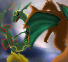 ambiguous_gender black_sclera blue_eyes claws duo fangs feral finger_claws fire flaming_tail flying green_body green_scales green_tail green_wings horn looking_at_another markings moon multicolored_wings night outside red_body red_horn red_markings red_scales red_tail red_wings scales snout tail tail_markings teeth two_tone_wings white_claws wings yellow_eyes yellow_markings meraence mythology nintendo pokemon charizard dragon generation_1_pokemon generation_3_pokemon legendary_pokemon mythological_creature mythological_scalie pokemon_(species) rayquaza scalie 2011 hi_res
