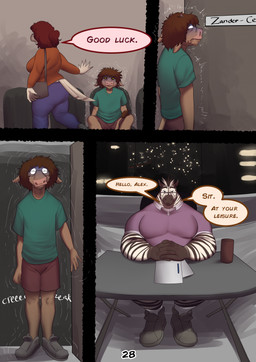 anthro anticipation black_stripes blue_blush blush boss_and_employee bottomwear brown_hair brown_stripes clothing desk dialogue door eyewear female footwear front_view furniture glasses good_luck greeting group hair half-moon_glasses hands_together interlocked_fingers male messy_hair nervous page_number pants paper pen purse serious shaking shirt shoes shorts sitting stripes t-shirt table text tight_clothing tight_shirt tight_topwear topwear trio white_body azathura alan_(azathura) thayne_(azathura) avian bovid bovine cattle equid equine mammal zebra comic english_text hi_res multiple_scenes