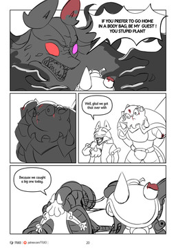 angry anthro blood bodily_fluids clothing dialogue female male size_difference text transformation ttux3 nintendo pokemon pokemon_khronull roman_(ttux3) chesnaught generation_4_pokemon generation_6_pokemon lucario pokemon_(species) absurd_res comic english_text hi_res url