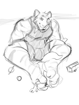 ambiguous_gender anthro between_feet bulge closed_smile clothed clothing duo feet foot_fetish front_view head_tuft macro male male/ambiguous male_anthro mouth_closed sitting size_difference smile striped_arms striped_legs tuft solaxe_(artist) felid kangaroo macropod mammal marsupial pantherine tiger 3:4 hi_res monochrome sketch