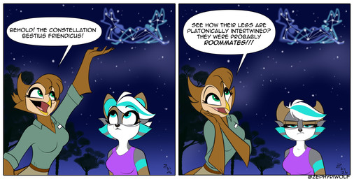 2_panel_comic annoyed anthro brown_body brown_feathers brown_fur cheek_tuft clothing constellation dialogue facial_tuft feathers fur green_body green_fur green_highlights grey_body grey_fur hair half-closed_eyes highlights_(coloring) humor multicolored_body multicolored_feathers narrowed_eyes open_mouth open_smile shirt smile speech_bubble tan_body tan_feathers tank_top text topwear tuft two_tone_body two_tone_feathers white_body white_fur white_hair wide_eyed zephyriwolf zephyri_q_wolf avian bird canid canine canis mammal owl wolf absurd_res english_text hi_res