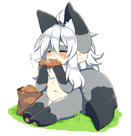 anthro blush eating eyes_closed female food kemono simple_background sitting solo white_background mofuaki canid canine fox mammal 2015