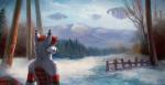 anthro cloud day detailed_background floating_island forest fur head_tuft male markings mountain nature nude outside plant red_markings sky smile snow solo standing tree tuft white_body white_fur mylafox canid canine fox mammal 2019 detailed digital_media_(artwork)