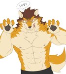 abs claws countershading male muscular muscular_male navel nipples pawpads pecs shirtless text tongue sakehabera lifewonders live_a_hero barrel_(live_a_hero) canid canine canis mammal wolf hi_res japanese_text