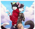 anthro clothing cloud day duo female hoodie male sky topwear lapres domestic_cat felid feline felis mammal