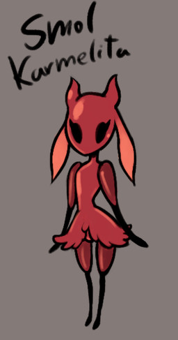 aged_down anthro biped black_body black_exoskeleton black_eyes black_text empty_eyes exoskeleton eyelashes female female_anthro grey_background multicolored_body multicolored_exoskeleton red_body red_exoskeleton simple_background solo standing text two_tone_body two_tone_exoskeleton young young_anthro young_female soulcentinel hollow_knight:_silksong hollow_knight_(franchise) team_cherry skarrsinger_karmelita ant arthropod hymenopteran insect skarr 2025 english_text