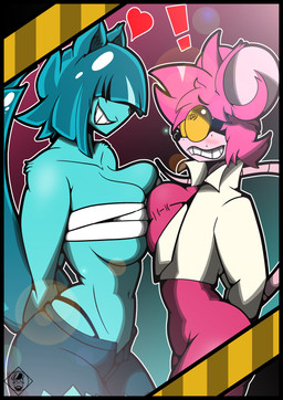 anthro anthro_on_anthro big_breasts big_butt black_border black_nose blue_body blue_bottomwear blue_clothing blue_fur blue_hair blue_shorts blush bodily_fluids border bottomwear breasts butt clothed clothing coat duo exclamation_point eyewear female female/female fur goggles grin hair hands_behind_back heart_symbol lab_coat lens_flare obscured_eyes open_bottomwear open_clothing open_pants pants pink_body pink_fur pink_hair pink_jumpsuit shorts side_boob side_view smile spiral spiral_eyes sweat thick_thighs topwear under_boob white_clothing white_coat white_topwear wide_hips eroliniart goommy_(goommymuffin) muffin_(goommymuffin) domestic_cat felid feline felis mammal mouse murid murine rodent 2025 absurd_res hi_res