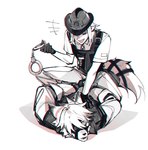 anthro clothing cuff_(restraint) duo hair handcuffs harness humanoid_pointy_ears leather leather_harness long_hair lying male male/male metal_cuffs on_front pinned pinned_to_ground pointy_ears police police_hat police_uniform ponytail restraints uniform paranomalzzz mihoyo zenless_zone_zero hugo_vlad von_lycaon canid canine canis humanoid mammal wolf