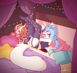 accessory ambiguous_gender anthro bdsm bed bedding bedroom big_ears blanket blue_hair bondage bound bow_(feature) bow_accessory bow_ribbon braided_hair braided_ponytail butt cheek_tuft clothed clothing curtains facial_tuft fingers fluffy fluffy_tail fur furniture gloves hair hair_accessory hair_bow hair_ribbon handwear heart_symbol horn legs_tied legwear lights looking_at_viewer markings pillow plushie ponytail ribbons solo star tail thigh_highs tuft white_body white_fur wings kurus kiyoshi_(kurus) domestic_cat felid feline felis mammal digital_media_(artwork) hi_res