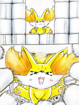 ambiguous_gender blush blush_lines eyes_closed feral fur inner_ear_fluff open_mouth orange_body orange_eyes orange_fur pawpads paws simple_background solo tail tail_motion tailwag toilet_paper tongue tuft white_body white_fur yellow_body eiroru nintendo pokemon canid canine fennekin generation_6_pokemon mammal pokemon_(species) 2025 3:4 comic graphite_(artwork) hi_res traditional_media_(artwork)