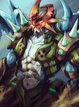 abs anthro armor blue_body glowing glowing_eyes male muscular muscular_anthro muscular_male pecs red_eyes solo spikes wings tosaka_rai bandai_namco digimon digimon_(species) paildramon 3:4 hi_res