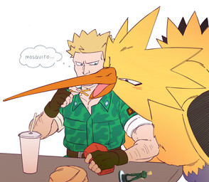 action_figure ambiguous_gender arm_hair beak black_body blonde_hair blue_eyes blush blush_lines body_hair camo clothing container cup disposable_cup duo feeding_another feral fingerless_gloves food food_container fries gloves gym_leader hair handwear holding_fries looking_at_another male multicolored_body open_beak open_mouth orange_beak simple_background sitting text thought_bubble uniform white_background yellow_body shittysurge nintendo pokemon lt._surge generation_1_pokemon human legendary_pokemon mammal pokemon_(species) zapdos english_text hi_res