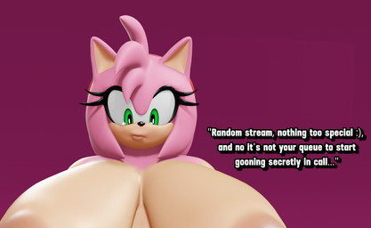 big_breasts breasts eyelashes female glistening glistening_body glistening_breasts glistening_hair green_eyes hair huge_breasts looking_down nude pink_body pink_hair short_hair solo text vulkyasha sega sonic_the_hedgehog_(series) amy_rose eulipotyphlan hedgehog mammal 3d_(artwork) digital_media_(artwork) english_text