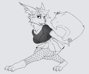 anthro big_ears bottomwear bra breasts clothed clothing female fishnet_clothing fishnet_legwear fur hair inner_ear_fluff legwear makeup mascara neck_tuft open_mouth simple_background skirt solo tail teeth topwear translucent tuft underwear firstletterj canid canine canis mammal digital_media_(artwork) greyscale hi_res monochrome signature sketch