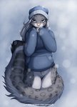 anthro barely_visible_genitalia barely_visible_pussy bedroom_eyes blue_eyes blush bottomless clothed clothing crotch_tuft female fluffy fluffy_tail genitals grey_hair hair hoodie looking_at_viewer narrowed_eyes pussy seductive solo tail text topwear toque tuft white_hair winter_hat conditional_dnp jay_naylor alicia_(jay_naylor) felid mammal pantherine snow_leopard 2019 digital_media_(artwork) hi_res shaded url