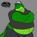 anthro baseball_cap belly bodily_fluids bottomwear clothing crossed_arms green_body green_eyes green_scales hat headgear headwear male muscular muscular_arms overweight overweight_anthro overweight_male pants scales shirt simple_background solo speech_bubble sweat sweatdrop tight_clothing topwear deadanthro dan_(deadanthro) alligator alligatorid crocodilian reptile scalie 1:1 2017