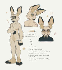 anthro black_clothing black_ear_tips black_feet black_hands black_necktie black_shirt black_toes black_topwear cheek_tuft chest_tuft clothed clothed_male clothing collared_shirt color_swatch dipstick_ears ear_markings eyewear facial_tuft feet fur glasses handpaw hindpaw inner_ear_fluff male mastectomy_scar multicolored_ears necktie nude_anthro nude_male paws pronouns rectangular_glasses scar shirt simple_background solo standing tan_background tan_body tan_fur tan_inner_ear tan_inner_ear_fluff tan_sclera text three-quarter_view toeless_(marking) topwear tuft killcuspid vincent_(killcuspid) domestic_rabbit lagomorph leporid lionhead_rabbit mammal oryctolagus rabbit 2022 artist_name digital_drawing_(artwork) digital_media_(artwork) english_text full-length_portrait hi_res model_sheet multiple_images portrait trans_(lore) trans_man_(lore)