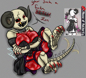 big_breasts bone breasts chain_collar chain_necklace claws clothing collar digitigrade dress ectobody facial_scar fake_horns female gold_(metal) gold_tooth jewelry necklace red_body red_eyes scar sharp_teeth skeleton solo speech_bubble tail teeth zeryxis undertale_(series) sans_(underfell) sans_(undertale) humanoid monster