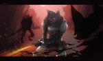 anthro armor bag clothing fight gauntlets gloves glowing glowing_eyes group handwear knight male melee_weapon pouch_(clothing) red_eyes slashing sword warrior weapon kirkir canid canine canis demon mammal wolf 2020 digital_drawing_(artwork) digital_media_(artwork) hi_res signature