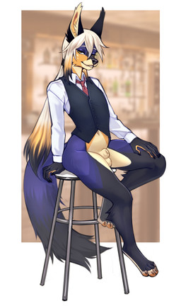 animal_genitalia anthro arm_support balls barefoot black_body black_clothing black_fur black_jacket black_nose black_topwear blurred_background bottomless clothed clothing ear_tuft feet fully_sheathed fur furniture genitals hair hand_on_leg hand_on_thigh hindpaw inside jacket long_hair long_sleeves male multicolored_body multicolored_fur navel necktie orange_body orange_eyes orange_fur paws purple_body purple_fur sheath shirt sitting solo stool suit_jacket tan_body tan_fur topwear tuft white_clothing white_shirt white_topwear romarom seteth canid canine mammal absurd_res digital_media_(artwork) hi_res shaded