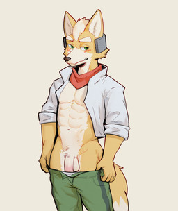 abs anthro athletic athletic_anthro athletic_male balls blush bottomwear bottomwear_pull clothed clothed_anthro clothed_male clothing clothing_pull dipstick_tail electronics embarrassed fingers flaccid front_view fur genitals green_bottomwear green_clothing green_eyes green_pants half-closed_eyes headgear headphones headset humanoid_genitalia humanoid_hands humanoid_penis jacket kerchief looking_aside male markings narrowed_eyes navel open_clothing open_jacket open_topwear orange_body orange_fur pants pants_pull penis pubes red_kerchief shy simple_background solo standing tail tail_markings tan_background tan_body tan_fur topwear white_clothing white_jacket white_topwear jrjresq nintendo star_fox fox_mccloud canid canine fox mammal colored hi_res portrait shaded three-quarter_portrait