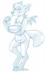 anthro apron bulge clothing cooking cutlery holding_object holding_spoon kitchen_utensils licking looking_at_viewer male membrane_(anatomy) membranous_wings pose solo spoon tongue tongue_out tools wings milkteatown mill millennius bat canid canine fox hybrid mammal blue_and_white hi_res monochrome pinup