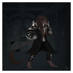 anthro armor biped black_nose blade blue_eyes border brick brown_body brown_fur brown_hair claws clothed clothing cross dark digitigrade ear_piercing fist fur gloves hair handwear knife male piercing ruins shoulder_pads solo stairs standing white_border detts soun felid lion mammal monster pantherine 2015 dark_theme hi_res