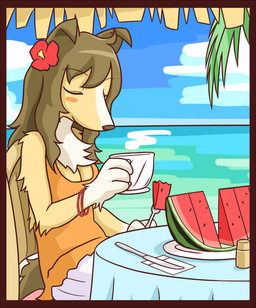 accessory alternative_fashion anthro blush breasts chest_tuft detailed_background female flower flower_in_hair food fruit fur gyaru hair hair_accessory hibiscus j-fashion melon plant solo tropical tuft watermelon watermelon_slice snakehunter canid canine canis domestic_dog mammal