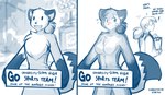 anthro blush breasts chest_tuft clothed clothed_anthro clothed_female clothed_human clothed_male clothing costume crossgender dialogue duo eyewear featureless_breasts female fur furry_wearing_fursuit fursuit glasses hair hiding holding_object holding_sign humor looking_back male mtf_crossgender navel nervous ponytail sign tail text tuft conditional_dnp tom_fischbach twokinds eric_vaughan mike_(twokinds) canid canine fox human keidran mammal 2025 7:4 blue_and_white digital_media_(artwork) english_text hi_res monochrome sketch spot_color