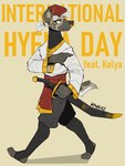 anthro clothing facial_piercing hair hat headgear headwear holding_melee_weapon holding_object holding_sword holding_weapon looking_back male melee_weapon nose_piercing nose_ring piercing ring_piercing scarf solo sword tail text weapon wearing_hat white_hair mawkvlt kolya_yeen_(mawkvlt) hyena mammal hi_res