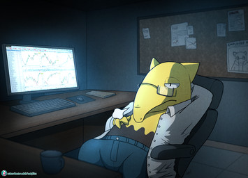 brown_body chair clothing coat computer computer_keyboard computer_monitor computer_mouse computer_screen electronics furniture lab_coat male office office_chair tired tired_eyes topwear yellow_body codyf0xx nintendo pokemon lyle_duarte drowzee generation_1_pokemon pokemon_(species) hi_res
