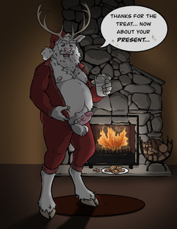 anthro antlers ball_tuft beard chest_tuft christmas_clothing christmas_headwear clothing cloven_hooves costume erection facial_hair fireplace genitals hat headgear headwear holding_belly holding_glass holding_object holidays hooves horn humanoid_genitalia humanoid_penis inside looking_at_viewer male male_anthro mature_male mostly_nude mostly_nude_anthro mostly_nude_male nipples open_mouth overweight overweight_anthro overweight_male penis pubes santa_costume santa_hat solo speech_bubble standing teeth text tongue tuft labradorszn christmas deer mammal 2024 english_text hi_res