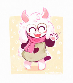 2_horns anthro barefoot black_sleeves blush clothed clothed_anthro clothing eyewear feet floppy_ears fur gesture glasses green_clothing green_robe handpaw horn lop_ears male pawpads paws pink_horn pink_pawpads pink_scarf robe scarf solo tail waving white_body white_fur aamakuruu deltarune undertale_(series) ralsei bovid caprine goat mammal