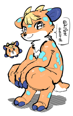 anthro blue_hooves blue_inner_ear blue_markings chest_tuft chibi cloven_hooves countershade_face countershade_tail countershading crouching female fingers fur hoof_hands hooved_fingers hooves horn looking_at_viewer markings orange_body orange_fur scut_tail short_tail solo spots tail text tuft unguligrade co_asomasom bovid caprine goat mammal absurd_res full-length_portrait hi_res japanese_text portrait translated