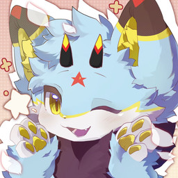 ambiguous_form blue_body blue_fur blush blush_lines fur horn looking_at_viewer male markings multicolored_horn one_eye_closed open_mouth open_smile pawpads smile star_(marking) wink winking_at_viewer yellow_eyes yellow_pawpads hybrid 1:1 hi_res