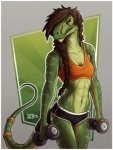 abstract_background accessory angry anthro athletic biped bottomwear bra braided_hair breasts brown_hair clothed clothing dumbbell female furgonomics green_background green_body green_scales hair jewelry long_hair looking_at_viewer midriff multicolored_body multicolored_scales muscular muscular_anthro muscular_female navel non-mammal_breasts pose red_eyes ring scales sharp_teeth shorts simple_background skimpy solo sports_bra standing tail tail_accessory tail_jewelry tail_ring teeth tight_clothing two_tone_body two_tone_scales underwear weights sunkenshrines yvonne_(lolzguy) dinosaur dromaeosaurid prehistoric_species reptile scalie theropod velociraptor 2016 detailed digital_media_(artwork) pinup signature