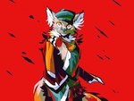 anthro biped clothing fur hat headgear headwear male orange_eyes red_background scarf simple_background solo tan_body tan_fur white_body white_fur majmajor sendow canid canine mammal 2022 4:3 digital_media_(artwork) hi_res