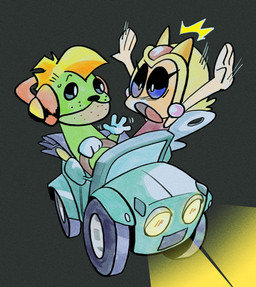 blonde_hair blue_eyes bodily_fluids car clothing dress electronics emanata eyelashes flash_emanata gesture gloves green_body grey_background hair handwear headlight headphones insect_wings lepidopteran_wings lights motion_lines open_mouth pink_clothing pink_dress simple_background steering_wheel surprised sweat sweatdrop tan_body tire vehicle waving waving_hand white_clothing white_gloves white_handwear wings p0stboy red_company sega tempo cybershell katy_(tempo) tempo_(sega) animal_humanoid arthropod arthropod_humanoid butterfly_humanoid canid canine canis domestic_dog humanoid insect insect_humanoid lepidopteran lepidopteran_humanoid mammal 2025 hi_res