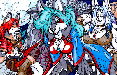 anthro big_breasts blue_eyes blue_hair breasts chest_tuft cleavage clothed clothing collar detailed_background fangs female fur grey_body grey_fur group hair half-closed_eyes hammer jewelry long_hair looking_at_viewer lute male moon musical_instrument narrowed_eyes necklace night outside overweight plucked_string_instrument red_eyes red_hair slightly_chubby string_instrument teeth tools trio tuft viking white_body white_fur fenrir_lunaris hati_(fenrir_lunaris) managarm skoll_(fenrir_lunaris) canid canine canis fox mammal wolf 2008