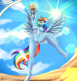 anthro ball beach breasts casual_nudity female genitals lens_flare light navel net nipples nude seaside solo sport sun sunlight volleyball volleyball_(ball) volleyball_net vulva wings caliluminos friendship_is_magic hasbro my_little_pony mythology rainbow_dash_(mlp) equid equine mammal mythological_creature mythological_equine pegasus absurd_res hi_res