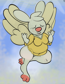 anthro bangs big_feet big_nose buckteeth clothed clothing cloud cloudy_sky eyes_closed feet female freckles fur overweight pantsless raised_arms red_nose robe sky smile solo teeth thick_thighs white_body white_fur wings amespinkinson angel_hare the_east_patch angel_gabby angel hare lagomorph leporid mammal absurd_res hi_res
