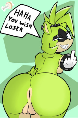 anthro butt butt_focus crazy_eyes female genitals gesture hand_gesture middle_finger presenting presenting_hindquarters simple_background solo talking_to_viewer vulva bonutdraws idw_publishing sega sonic_the_hedgehog_(comics) sonic_the_hedgehog_(idw) sonic_the_hedgehog_(series) surge_the_tenrec 2:3